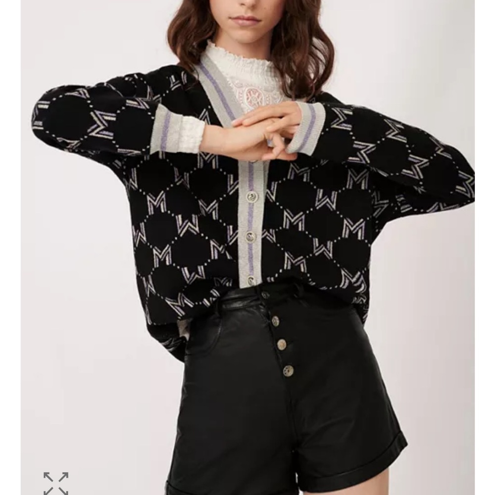 Maje Martch Monogrammed Metallic Jacquard Cardigan